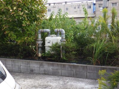 工場敷地内の植栽の間の雑草を手抜きと草刈り機で除草した事例｜大阪市西淀川区（作業前）