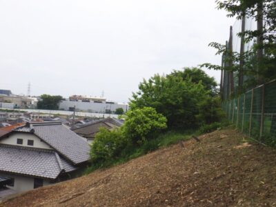 高さ5～6mの擁壁の上の土地180㎡の「除草」と雑木の「伐採」を3人1日で実施した事例｜大阪府枚方市