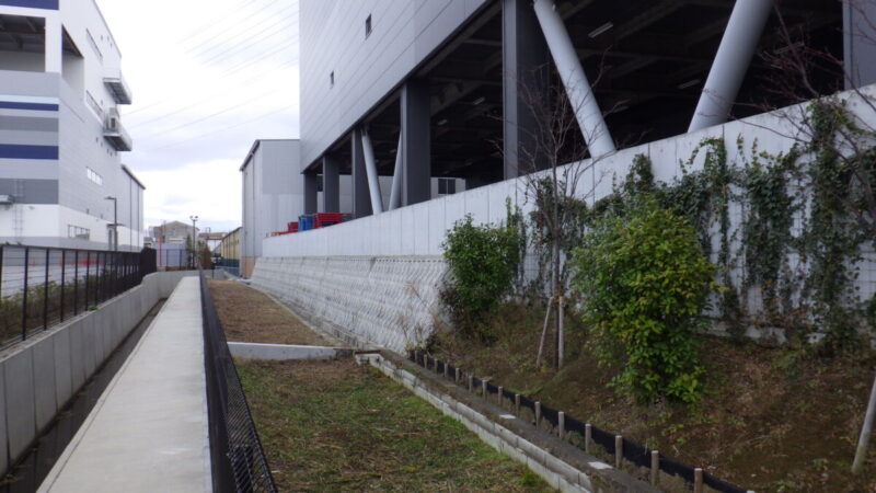 京田辺市の物流施設外周の除草作業後、見通しが改善し防犯性が高まった様子