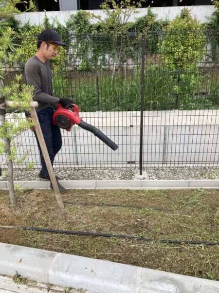 大阪で除草作業の掃除でブロワーを使用します。